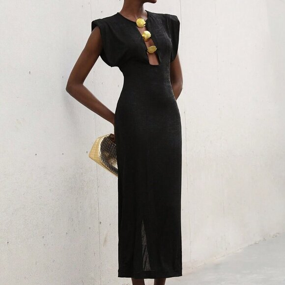 Black Elegant Women's Bodycon Long Dress Puff Sleeves Crew Neck - Picture 4 of 7